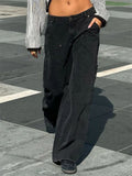 Women's Retro Solid Color Mid-Rise Cargo Straight Denim Pants