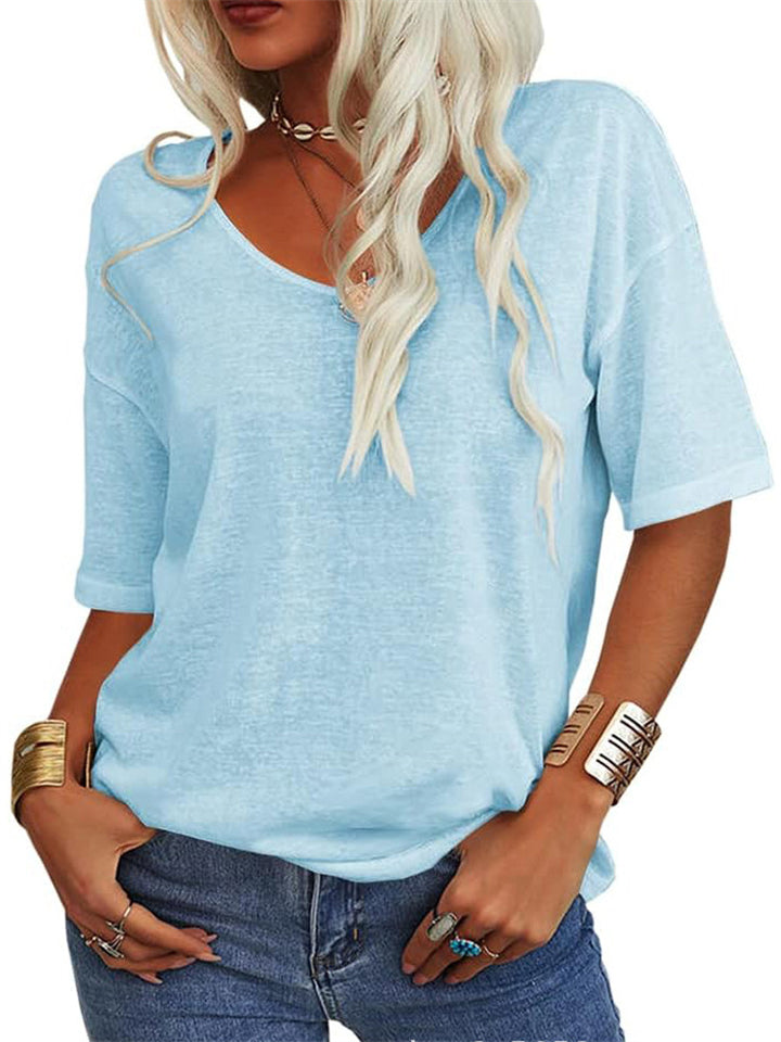 Women's Casual Simple Candy Color V Neck Short Sleeve Shirts