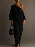 Women's Chic Elegant One Shoulder Maxi Dress with Bubble Sleeve