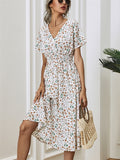 Women's Summer Holiday Style Floral Printed V Neck Midi Dress