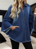 Blue Zip up 3/4 Sleeve Fringed Denim Jacket for Women Casual Streetwear‌