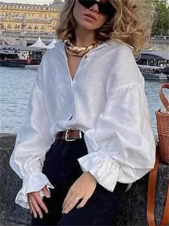 Women's French Style Simple White Lantern Sleeve Blouses