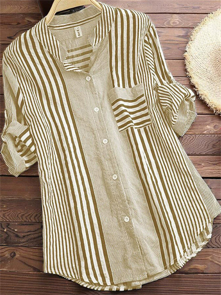 Women's Summer Stripe Patchwork Button Up Lapel Short Sleeve Shirt