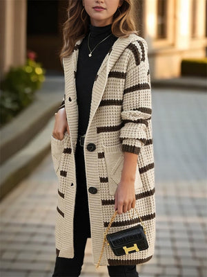 Women's Autumn Striped Single Breasted Hooded Cardigan Sweaters