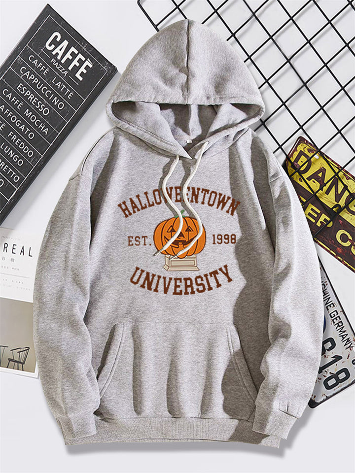 Halloween Smile Pumpkim Print Lined Plush Hoodies for Women