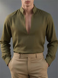 Men's Stand Collar V Neck Linen Blend Slim Fit Casual Shirt