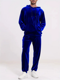 Men's Casual Plain Color Velvet Hoodie Joggers Set with Pockets
