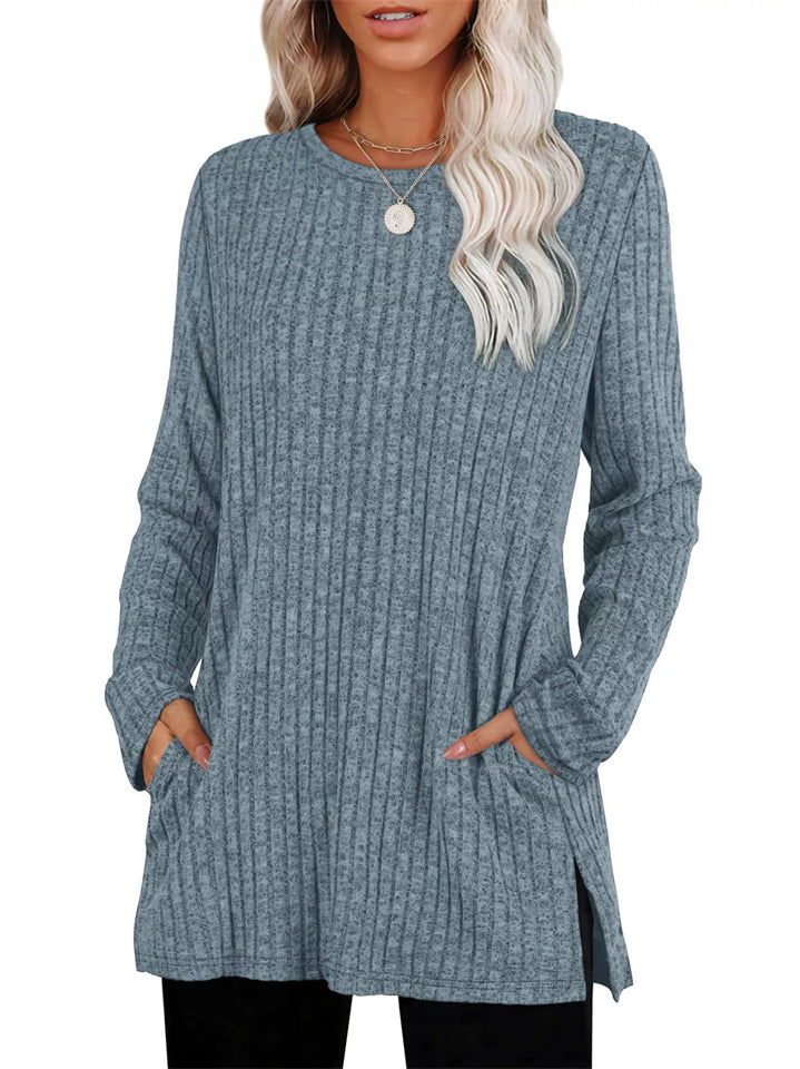 Women's Autumn Loose Round Neck Pockets Split Hem Long Sleeve Shirts