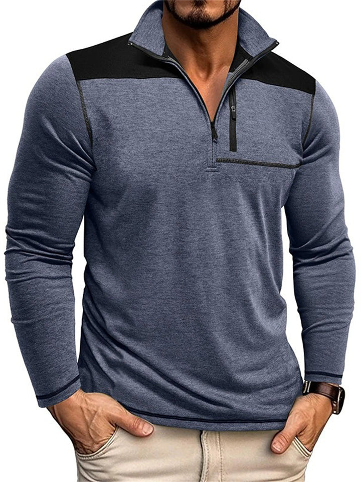 Men's Retro Contrast Color Stand Collar Zipper Pullover Long Sleeve Shirts