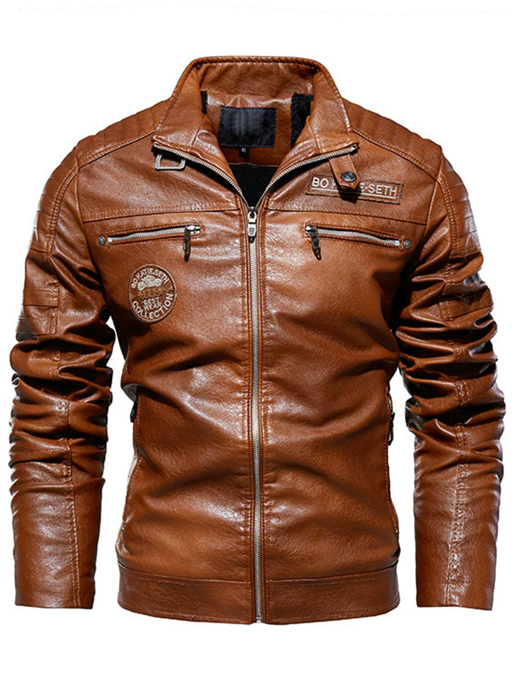 Men's Fleece Lined Faux Leather Motorcycle Jacket with Patches and Pockets