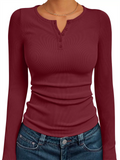 Women's Solid Color Striped Buttons Pullover Slim-fit Long Sleeve Shirts