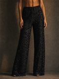 Women Simple Sequin Wide Leg Pants High Waist Party Trousers