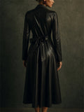 Women Faux Leather Long Sleeve Belted Maxi A-Line Dress