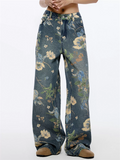 ‌Women's Mid Waist High Street Floral Print Loose Fit Wide Leg Denim Pants