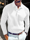 Men's Long Sleeve Button-Down Stripe Knitted Casual Polo Shirts