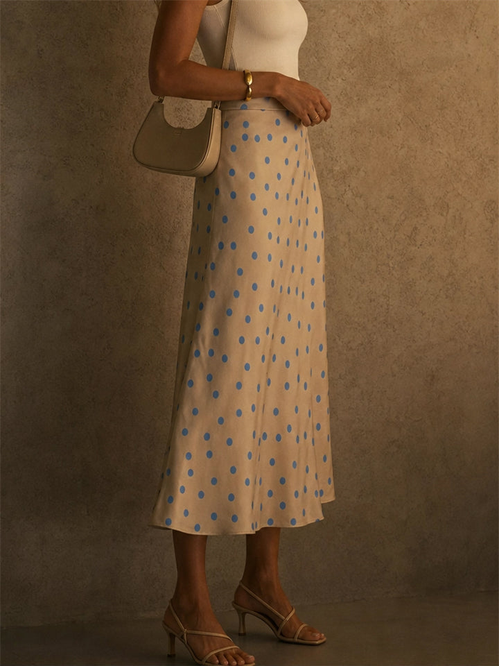 Women Polka Dot  & Circular Print High Waist A Line Satin Midi Skirt