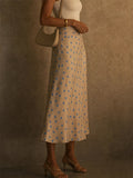 Women Polka Dot  & Circular Print High Waist A Line Satin Midi Skirt