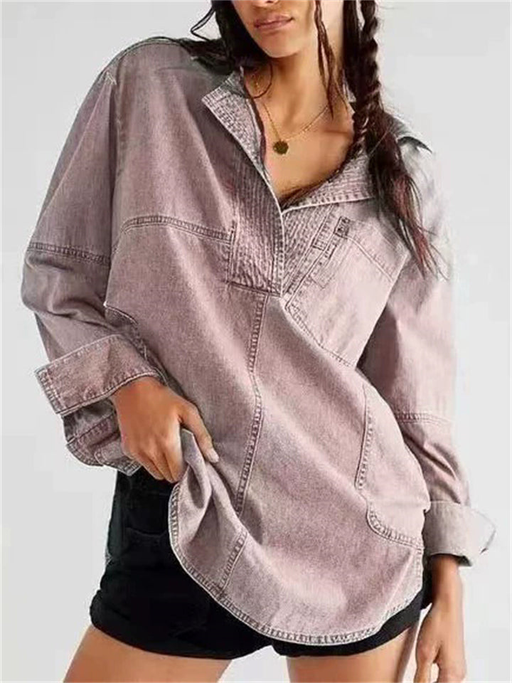 Women's Autumn Distressed Solid Color V Neck Pullover Denim Shirts