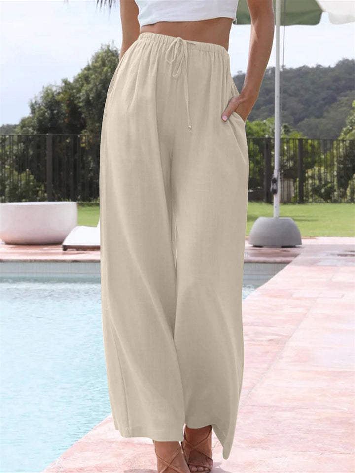 Ladies Relaxed Cotton Linen Drawstring Wide Leg Pants