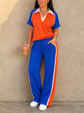Women Color Block Short Sleeve Polo and Wide Leg Track Pants Set