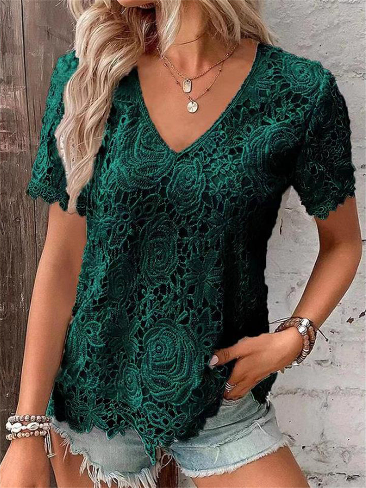 Women's Sweet Rose Lace Hollow Out V Neck Short Sleeve Tops