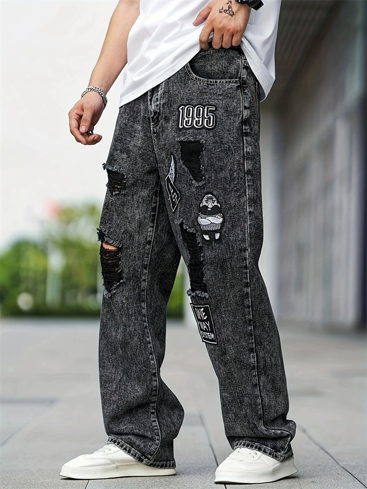 Men's Streetwear Loose Fit Distressed Baggy Ripped Jeans with Patches