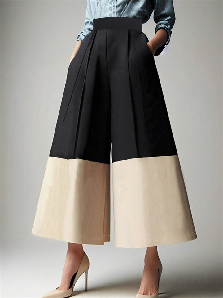 Women's High Waist Contrast Color Pleated Wide Leg Pants