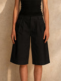 Womens Cotton High Waist Wide Leg Pleated Bermuda Shorts