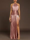 Women Metallic Pleated Halter Backless Slit Maxi Dress