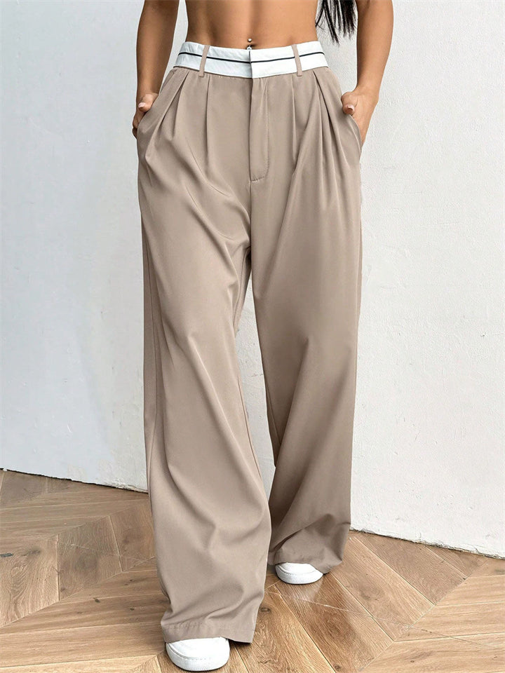 Casual Loose Fit Patchwork Wide Leg Suit Pants for Women