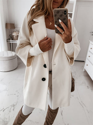 Women's 3/4 Sleeves Buttoned Lapel Faux Wool Coat with Pockets
