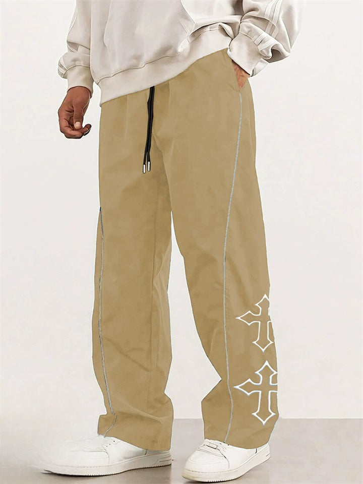 Men's Casual Loose Fit Trousers with White Cross Print Side Stripes