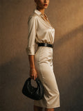 Women Champagne Satin Cowl Neck Belted Shirt Midi Dress