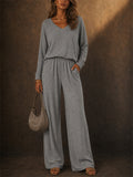 Women's V Neck Long Sleeve Loose Fit Comfy Top and Pants Lounge Set