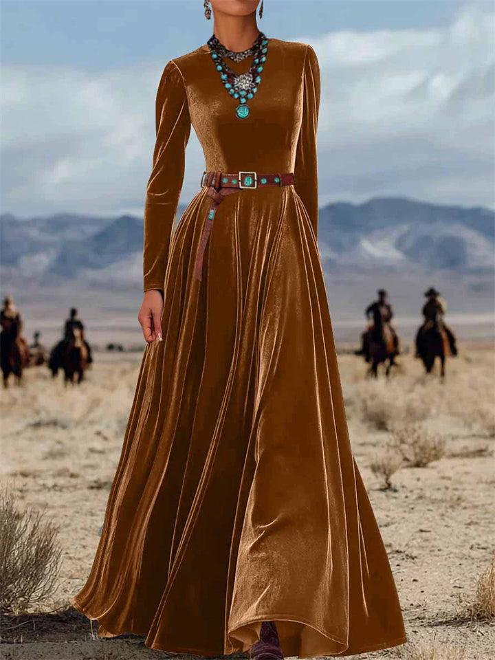 Women's Round Neck Brown Velvet Long Sleeve Maxi Dress