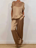 Women's Causal Solid Color Satin Round Neck Shirt &Pants Set