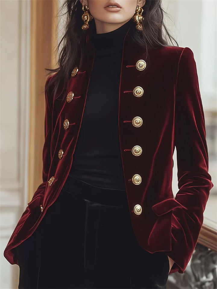 Wine Red Stand Collar Velvet Blazer with Gold Buttons for Women