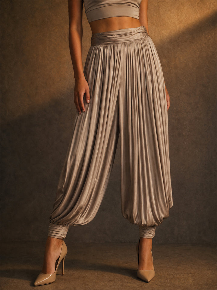 Women Khaki High Waist Boho Chic Pleated Harem Pants