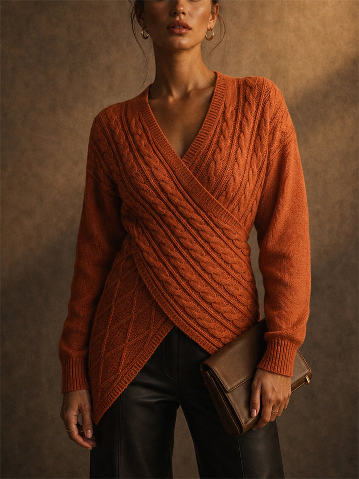 Women Stylish Wrap V Neck Cable Knit Pullover Sweaters