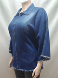 Blue Zip up 3/4 Sleeve Fringed Denim Jacket for Women Casual Streetwear‌