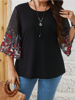 Plus Size Women's Summer Black Printed Round Neck Half Sleeve Shirt