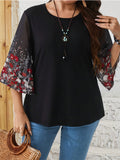 Plus Size Women's Summer Black Printed Round Neck Half Sleeve Shirt