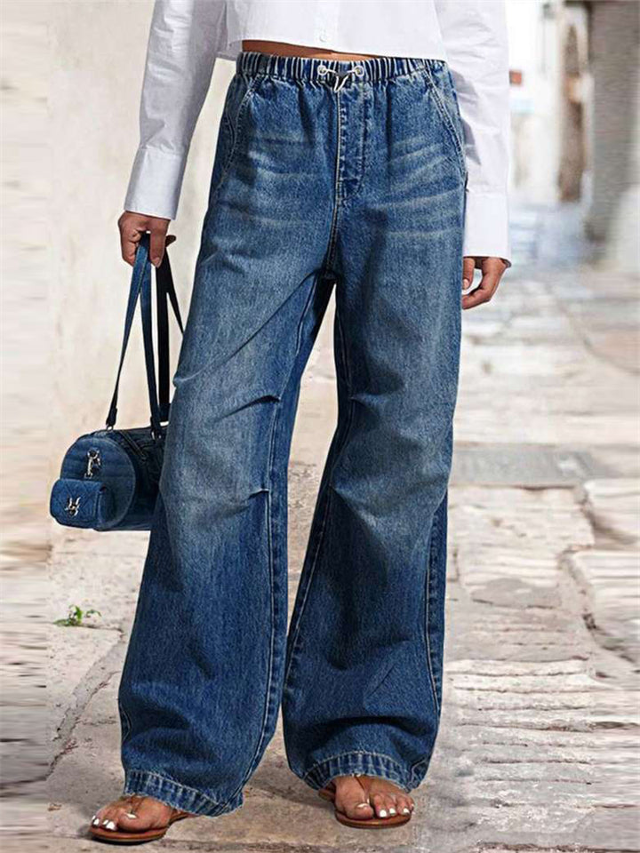Women's Retrp Elastic Mid Waist Wide Leg Denim Pants