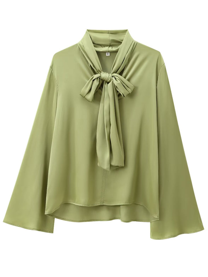 Women's Solid Color Lace Up Tie-neck Long Sleeve Casual Blouses