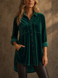 Women Velvet Oversized Button Down Long Sleeve Shirt