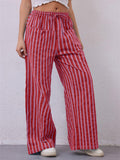 Women's Summer Contrast Color Striped Mid-Rise Drawstring Wide Leg Pants
