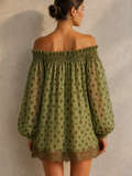 Women's Lantern Sleeve Polka Dot Off Shoulder Lace Trim Mini Dress