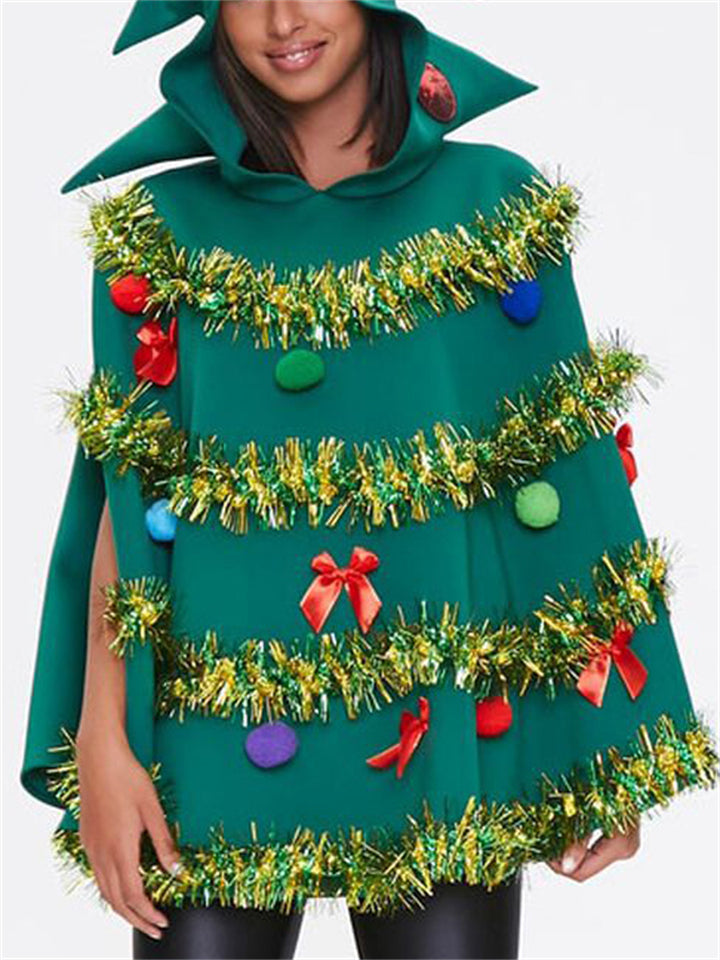 Women's Green Christmas Tree Sleeveless Hooded Cloaks