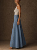 Women High Waist Button Front A Line Flared Denim Maxi Skirt