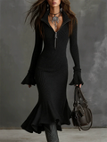‌Women's Sexy Zipper Long Sleeve Ruched Hem Knit Dress‌